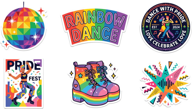 Colorful disco ball rainbow dance text roller skates and pride festival stickers