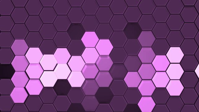 Monochrome hexagonal tile pattern background animation, hexagonal tile pattern with lighter hexagons forming abstract shapes against darker background