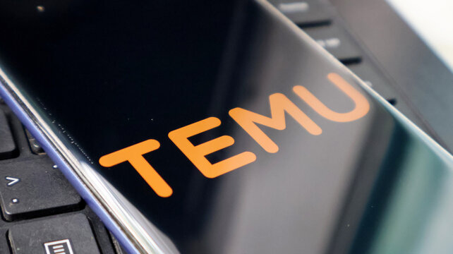 A close-up view of a laptop screen displaying the TEMU logo on a keyboard