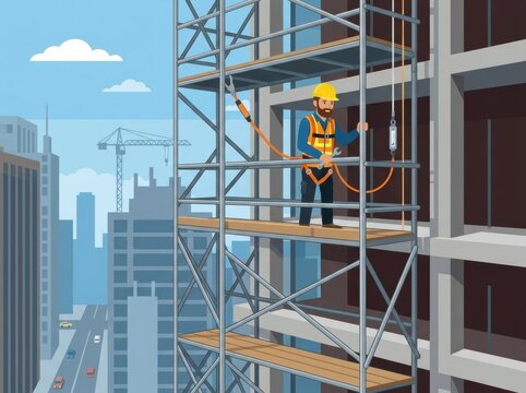 Construction Worker on Scaffold Performing Safety Tasks at a Busy Construction Site in City Setting During Daylight Hours