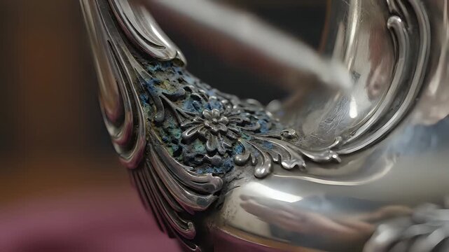 Closeup of ornate antique silver pitcher handle with intricate floral details.