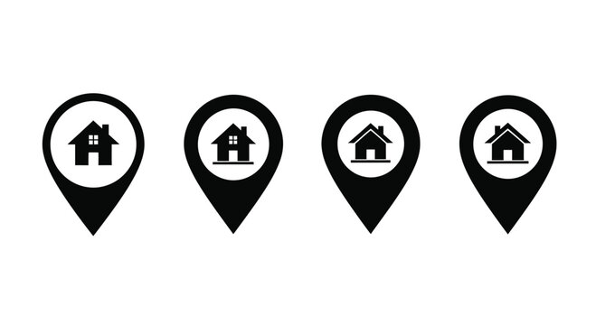 Four black map pins with house inside location