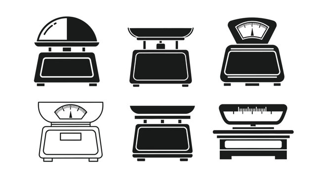 Set of six black and white retro kitchen scales