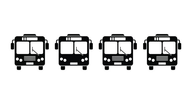 Four black and white bus in a row, front view