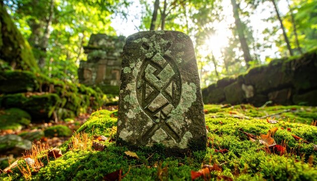Ancient Runic Stone Carving With Mossy Growth In A Sunlit Forest Setting