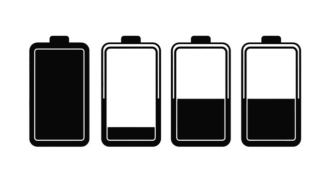 Black and white smartphone battery levels progressing from empty to full