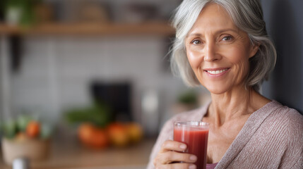 Faceless smiling senior woman standing in a kitchen enjoying a red fruit juice for a senior wellness and nutrition concept. Defocused kitchen background. Senior red juice, kitchen