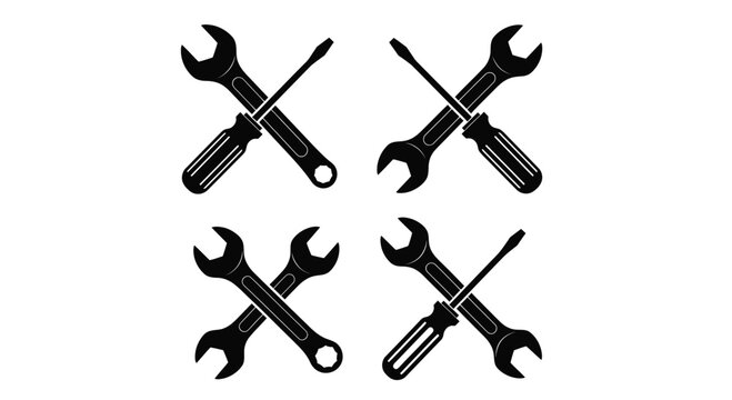Black wrenches and screwdrivers crossed in four sets