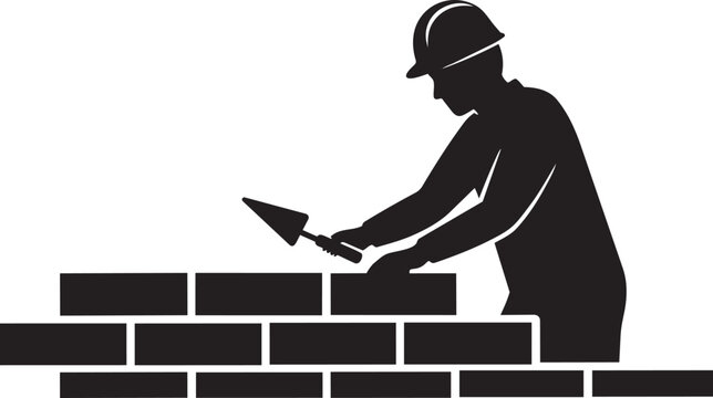Professional construction mason building brick wall silhouette isolated on white background for architecture and industrial design.