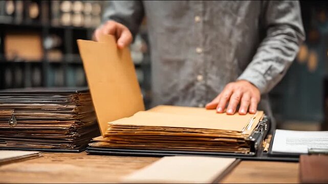 Man organizing old documents in binders on wooden desk