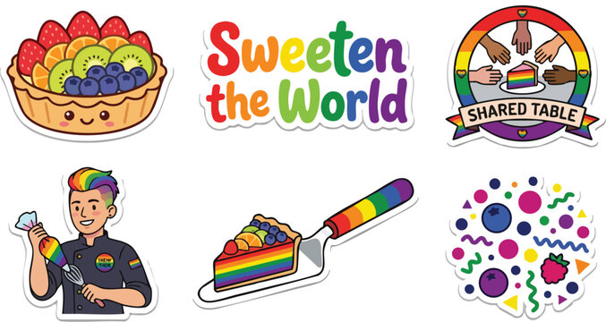 Colorful sweeten the world rainbow cake slice and chef with rainbow hair