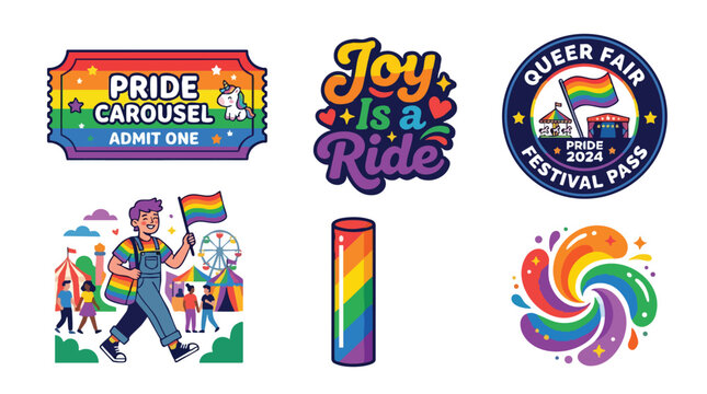 Colorful pride festival carnival ticket and joyful queer fair badge with rainbow swirls