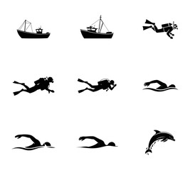 Obraz premium Fishing Boat Diver Swimmer Dolphin with Transparent Background trawler scuba diver