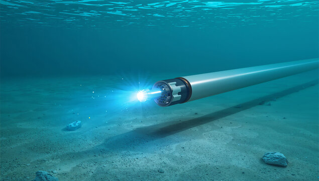 発光する通信コアを強調した海底ケーブルの先端3DCGイメージ