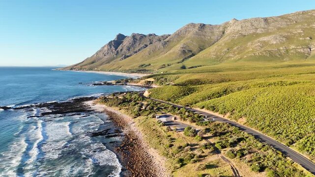 Aerial drone footage of Clarence Drive, one of South Africa&rsquo;s most scenic coastal routes, , stretching along the rugged coastline between Gordon&rsquo;s Bay and Hermanus.