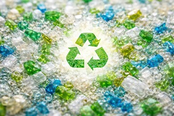 Fototapeta premium Glowing green recycling symbol above colorful plastic pellets in blue, green, white, and yellow, representing sustainability, waste reduction, and eco-friendly environmental conservation