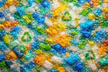 Obraz premium Green recycling symbols scattered across colorful crushed plastic pieces in blue, green, yellow, and orange, representing sustainability, waste reduction, and eco-friendly conservation