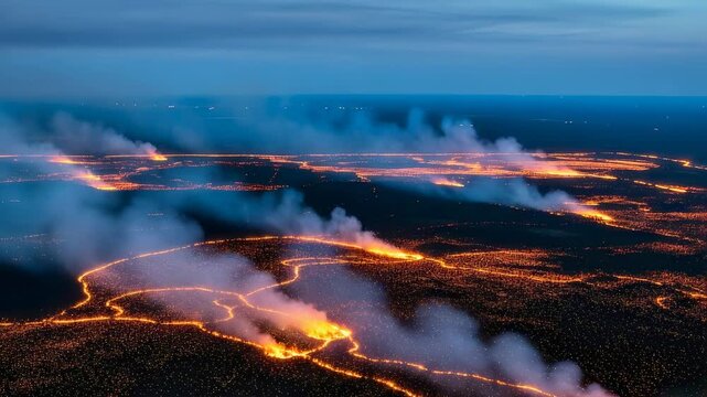 Swirling fire above night volcanic eruption with smoke and river of lava from aerial view for natural hazard or disaster concept