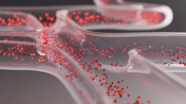 Red blood cells flowing in transparent vessels, microscopic view of circulation, medical science concept