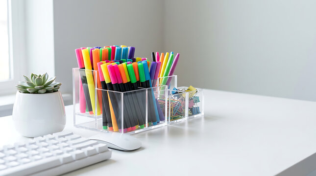 Clear acrylic organizer with colorful markers on modern white desk