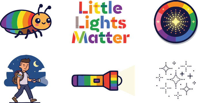 Colorful little lights matter text with rainbow flashlight and bug cartoon illustration