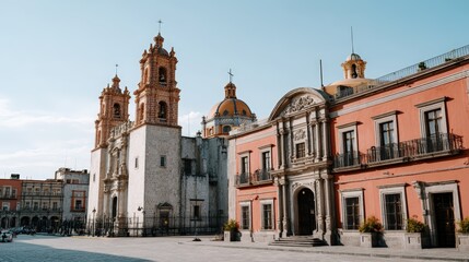 Naklejka premium Church features bright red walls and detailed carvings, showcasing unique architecture under clear blue skies in a historic setting