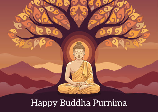 Buddha Purnima Spiritual Illustration with Buddha and Sacred Bodhi Tree