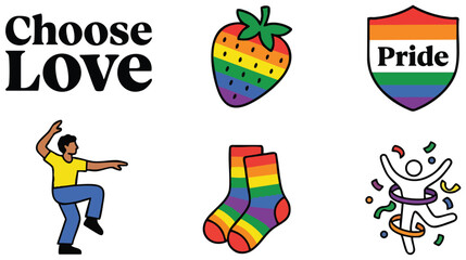Fototapeta premium Choose love lettering with dancing man and rainbow pride icons flat design