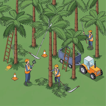 Workers pruning palm trees with machinery.