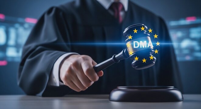 EU Digital Markets Act Enforcement &ndash; Judge with Gavel and European Union Stars