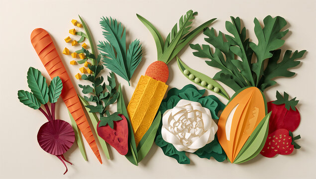 切り絵で表現した野菜パーツのクラフト風イラスト素材