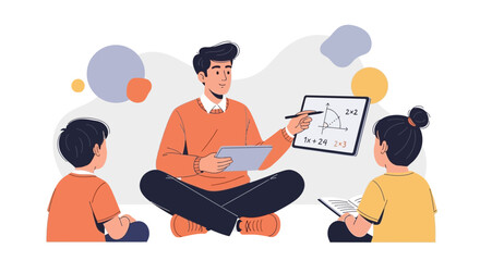 Fototapeta premium Teacher Explaining Math Lesson to Two Students with Tablet and Whiteboard