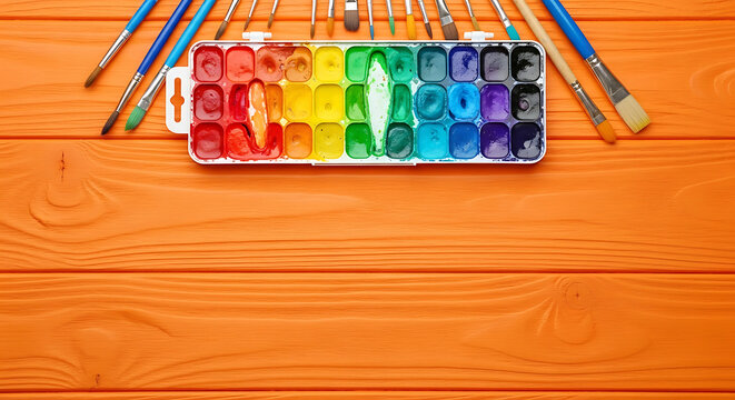 Watercolor paint set and brushes on bright orange wooden background