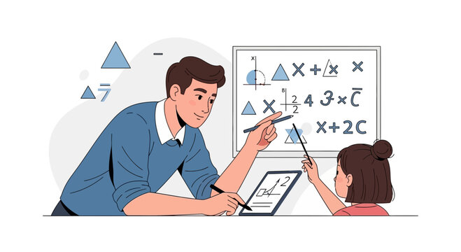 Teacher and student learning math with tablet and whiteboard illustration