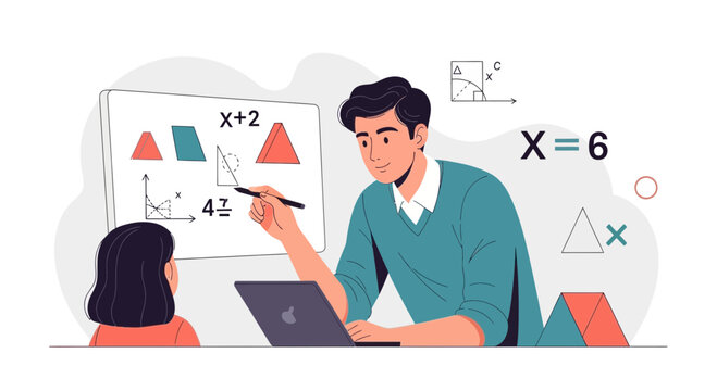 Teacher explaining math to student with whiteboard and laptop, education concept