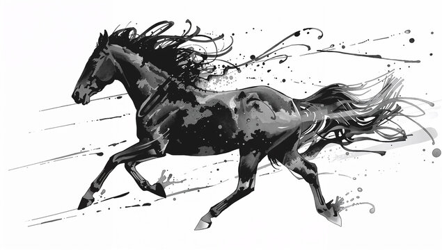 墨の流線で疾走する馬を表現したモノクロイラスト素材