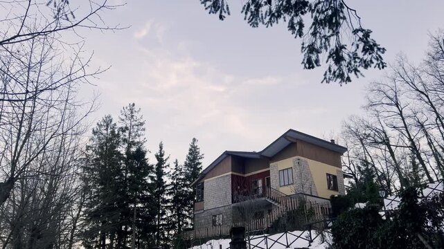 Beautiful modern chalet sitting on a snowy hill, surrounded by a winter forest with fir trees and bare branches under a cloudy sky, representing a peaceful and quiet mountain retreat