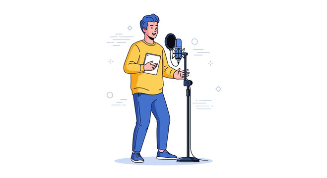 Voice actor recording in studio with microphone, holding script, professional audio production
