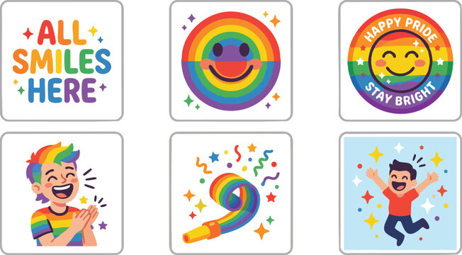 Colorful pride stickers with rainbow smiles and joyful characters celebrating happiness