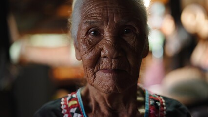 Obraz premium Weathered indigenous elder wearing traditional clothing, reflecting cultural wisdom with dignified, contemplative gaze