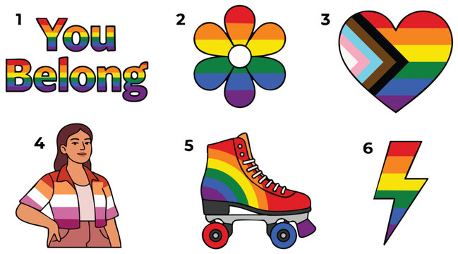 You belong rainbow lettering flower heart roller skate and lightning bolt pride icons set