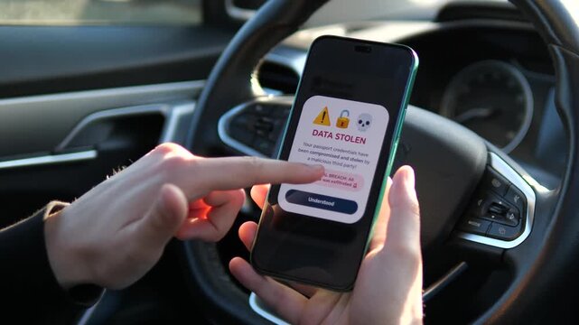 Critical Data Breach Notification on Smartphone Screen. User discovers compromised passport credentials on a smartphone. Must-have video for privacy protection, fraud prevention, and online safety
