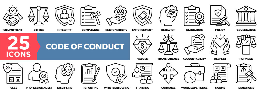 Code Of Conduct Icon Set Collection In Outline Style. Icon Pack Contain Ethics, Integrity, Compliance, Behavior, Standards, Policy, Governance, Professionalism, Fairness, Enforcement Icon