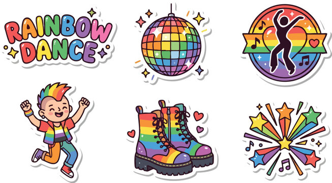 Colorful rainbow dance lettering cartoon disco ball boots and dancing character