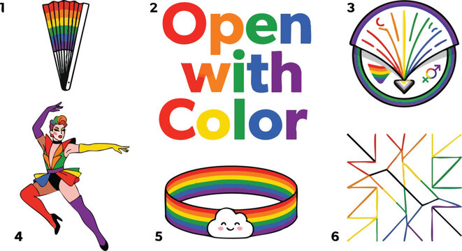 Open with color text and rainbow pride wristband with cloud face vector set