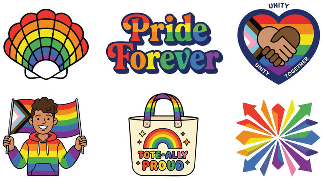 Colorful pride collection with rainbow shell tote bag and diverse unity heart handshake