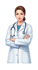 Fototapeta premium Female anime doctor character with stethoscope standing on transparent background.