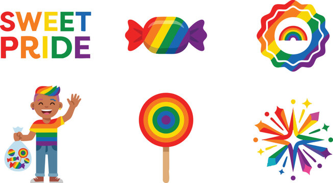 Sweet pride rainbow candy illustrations with happy person holding bag and colorful lollipop