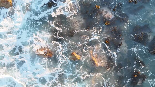 Aerial Drone View of Ocean Waves Crashing on Rocky Coast near Clarence Drive, South Africa