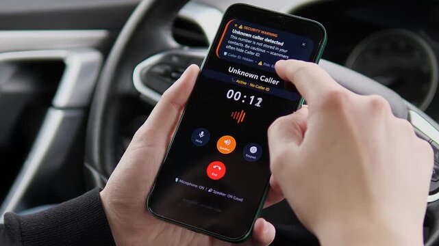  Suspicious Unknown Caller Alert on Smartphone in Vehicle. Cinematic shot of a person identifying a scam call. Visualizes modern digital risks and telemarketing fraud.